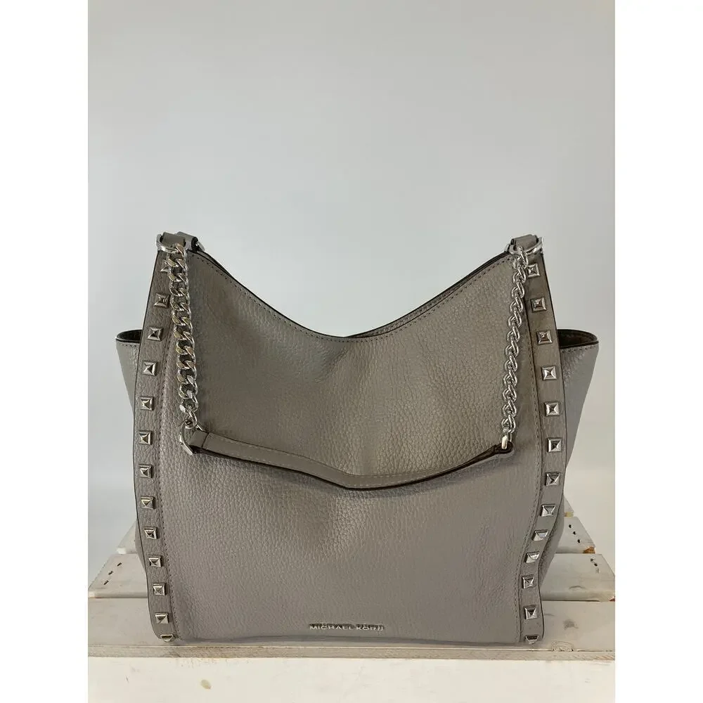 MICHAEL KORS LARGE GRAY PEBBLED LEATHER STUDED SHOULDER BAG